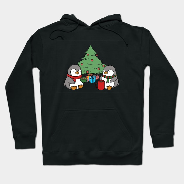 Christmas Penguins Enjoying Hot Cocoa with Christmas Tree v3 Hoodie by Elizabeths-Arts